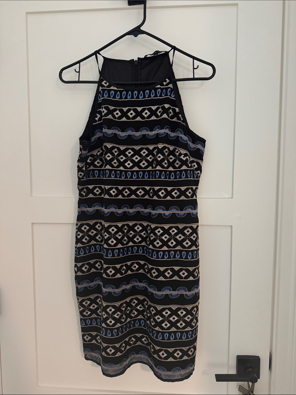 White House Black Market Black, Blue & Cream Halter Mini Dress